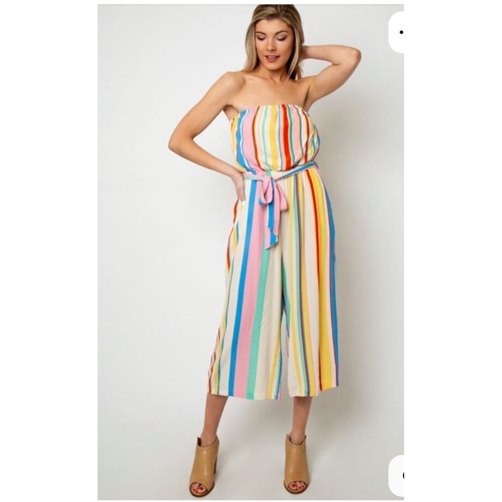Wide Leg Cropped Strapless Striped Jumpsuit Rainbow Colorful Summer VacationMED